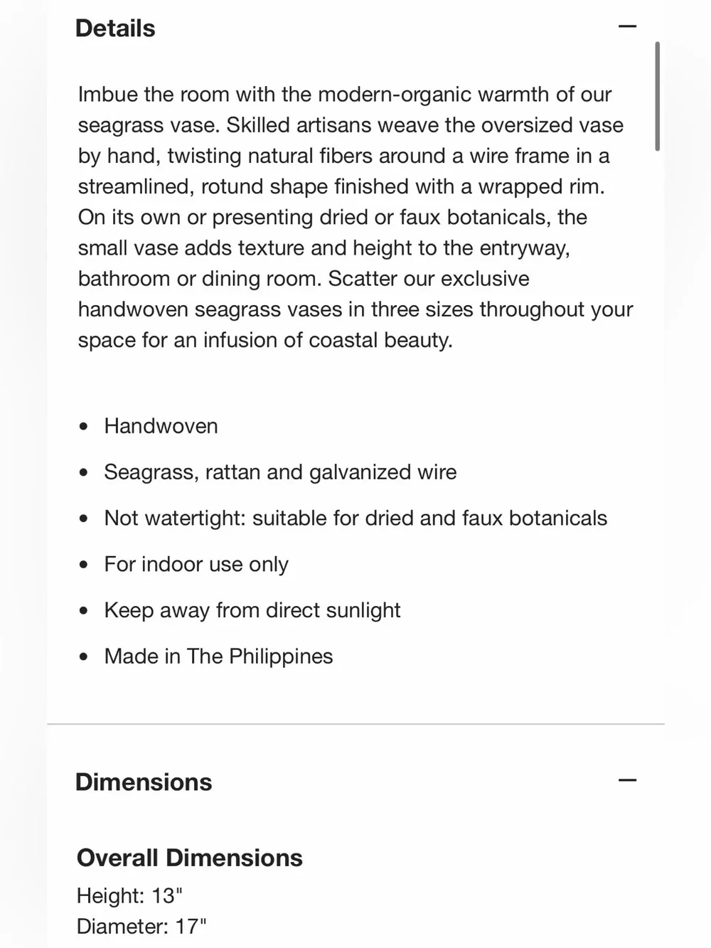 Crate&Barrel Woven Seagrass Decorative Basket Vase - Natural